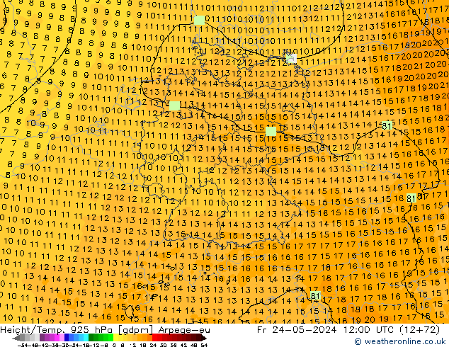 Yükseklik/Sıc. 925 hPa Arpege-eu Cu 24.05.2024 12 UTC