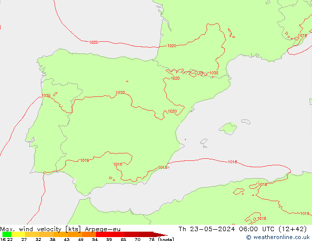 Max. wind velocity Arpege-eu  23.05.2024 06 UTC