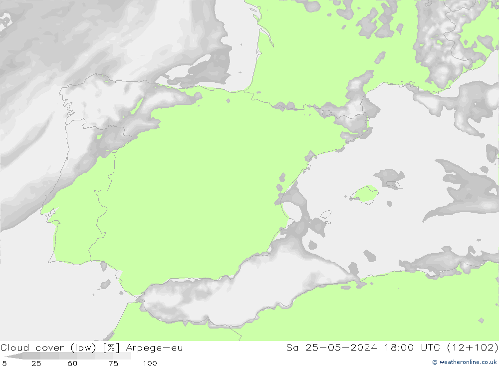 Cloud cover (low) Arpege-eu Sa 25.05.2024 18 UTC