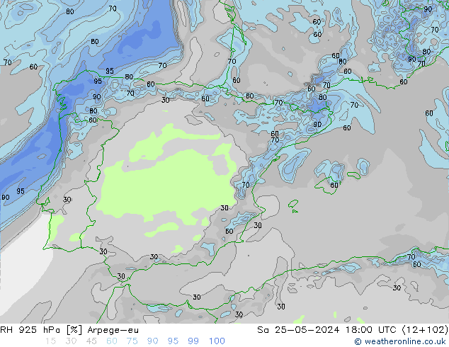 RH 925 hPa Arpege-eu Sáb 25.05.2024 18 UTC