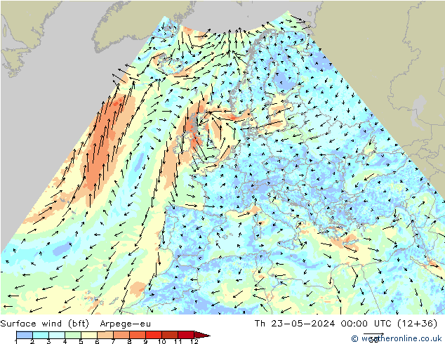 Bodenwind (bft) Arpege-eu Do 23.05.2024 00 UTC