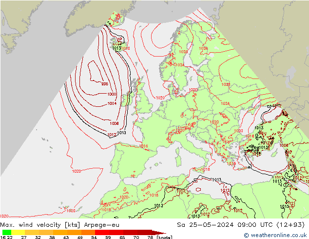 Max. wind velocity Arpege-eu sab 25.05.2024 09 UTC
