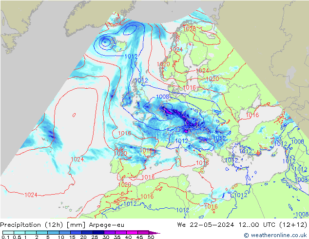 Totale neerslag (12h) Arpege-eu wo 22.05.2024 00 UTC