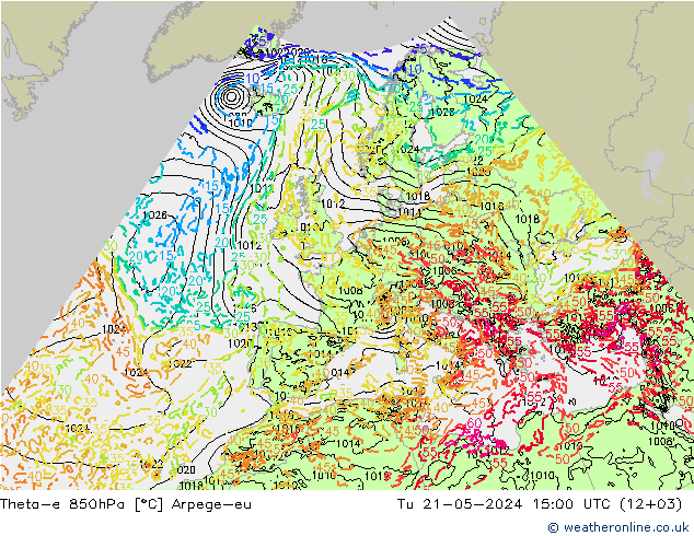 Theta-e 850hPa Arpege-eu Tu 21.05.2024 15 UTC