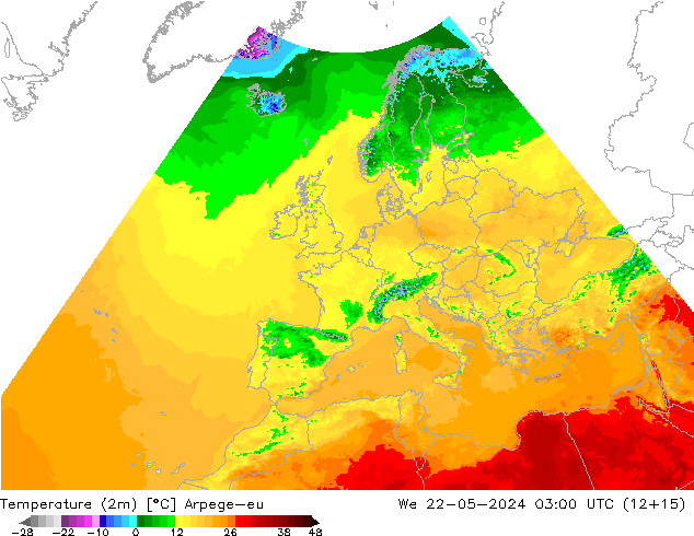 Temperaturkarte (2m) Arpege-eu Mi 22.05.2024 03 UTC