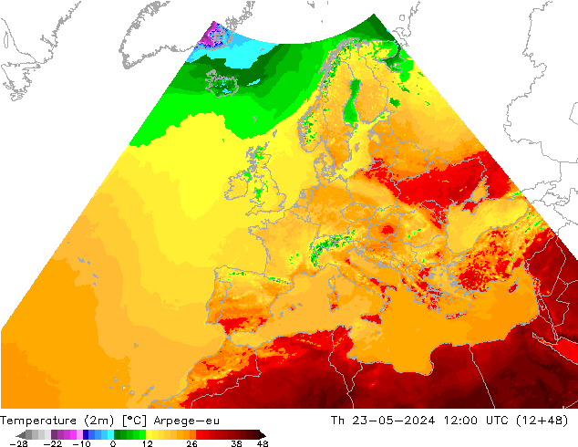 température (2m) Arpege-eu jeu 23.05.2024 12 UTC