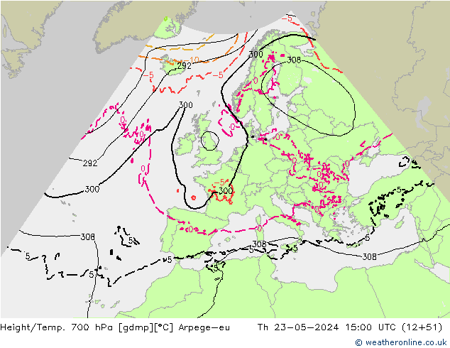 Hoogte/Temp. 700 hPa Arpege-eu do 23.05.2024 15 UTC