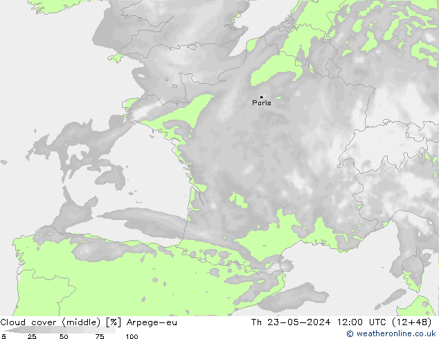 Cloud cover (middle) Arpege-eu Th 23.05.2024 12 UTC