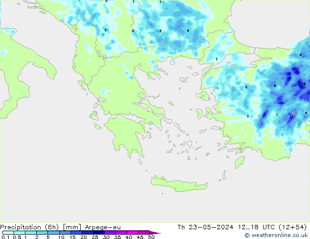 Totale neerslag (6h) Arpege-eu do 23.05.2024 18 UTC