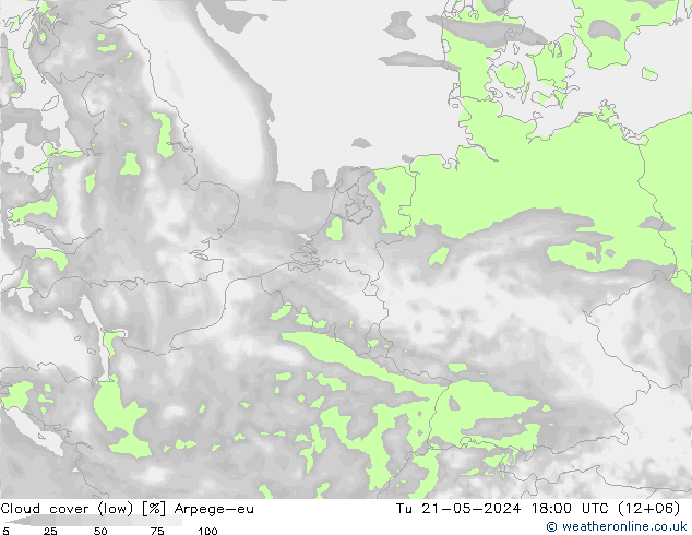 Cloud cover (low) Arpege-eu Tu 21.05.2024 18 UTC
