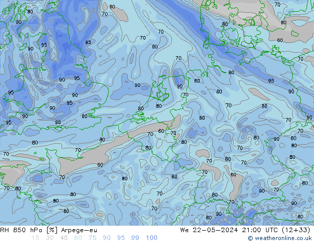Humidité rel. 850 hPa Arpege-eu mer 22.05.2024 21 UTC