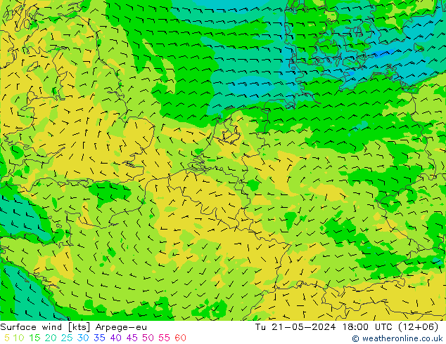 Surface wind Arpege-eu Út 21.05.2024 18 UTC