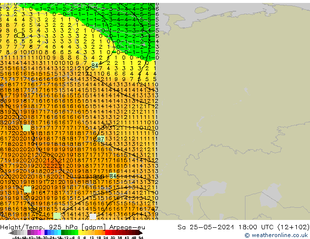 Height/Temp. 925 hPa Arpege-eu so. 25.05.2024 18 UTC