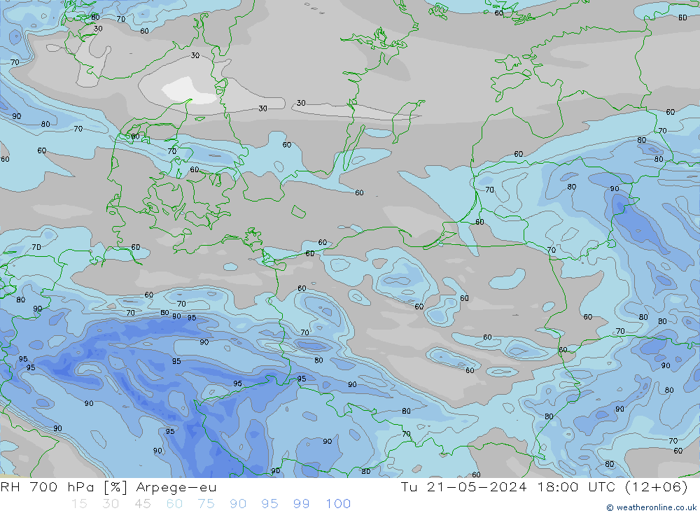 RH 700 hPa Arpege-eu Tu 21.05.2024 18 UTC