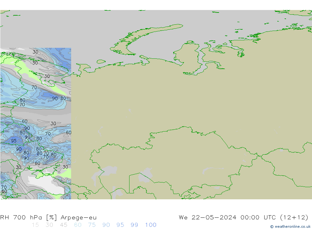Humidité rel. 700 hPa Arpege-eu mer 22.05.2024 00 UTC