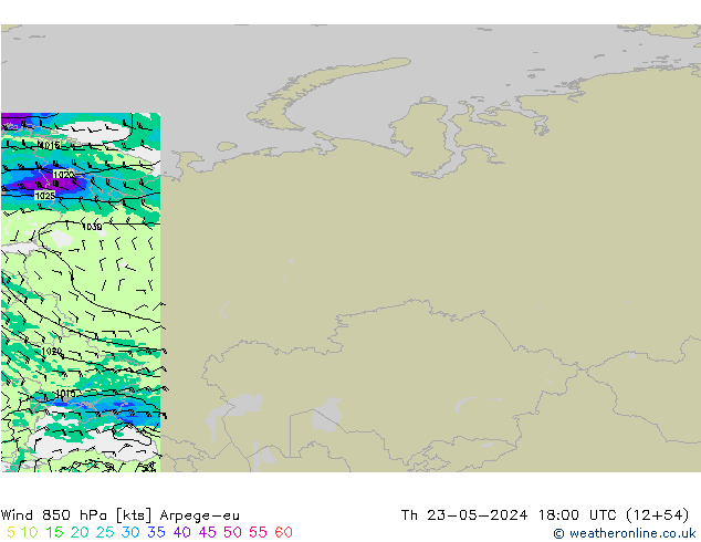 Wind 850 hPa Arpege-eu Th 23.05.2024 18 UTC