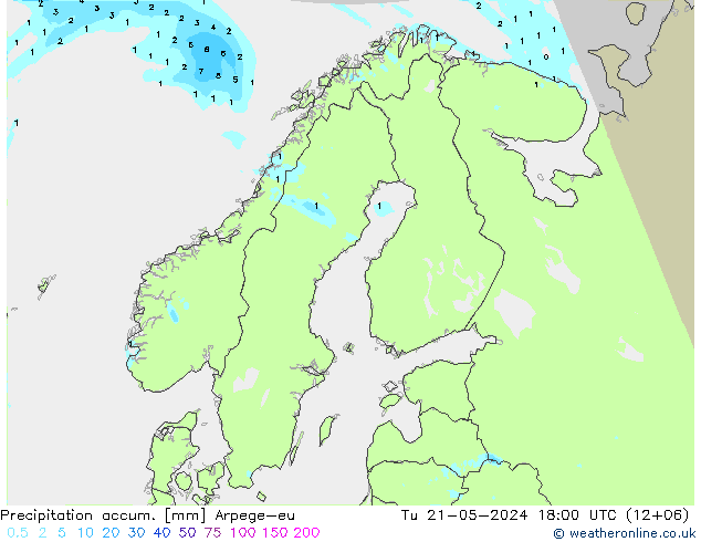 Precipitation accum. Arpege-eu Út 21.05.2024 18 UTC