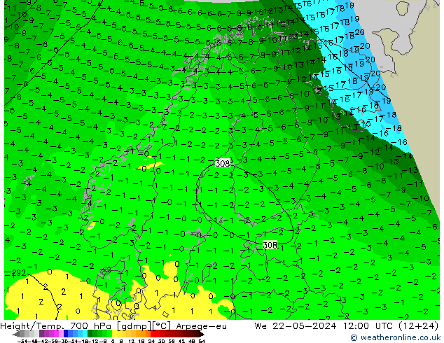 Geop./Temp. 700 hPa Arpege-eu mié 22.05.2024 12 UTC