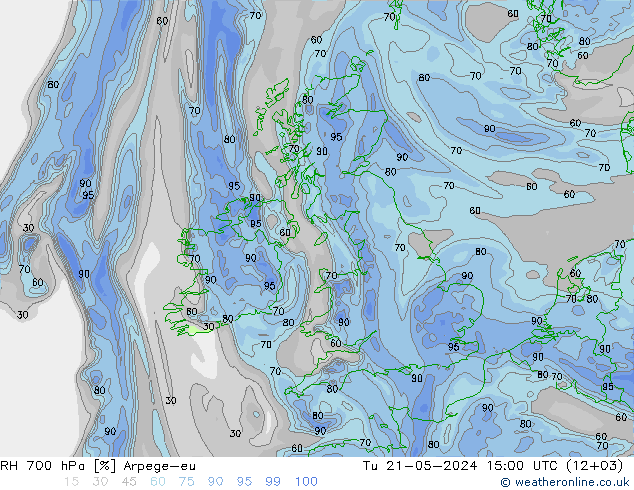 RH 700 hPa Arpege-eu Di 21.05.2024 15 UTC