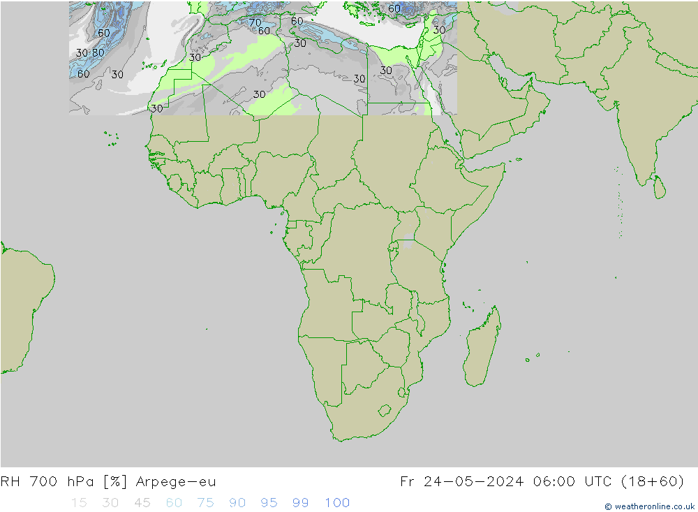 RH 700 hPa Arpege-eu Fr 24.05.2024 06 UTC