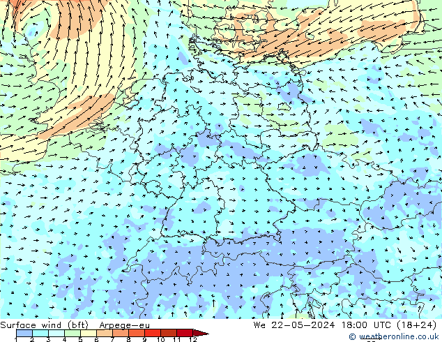 Bodenwind (bft) Arpege-eu Mi 22.05.2024 18 UTC