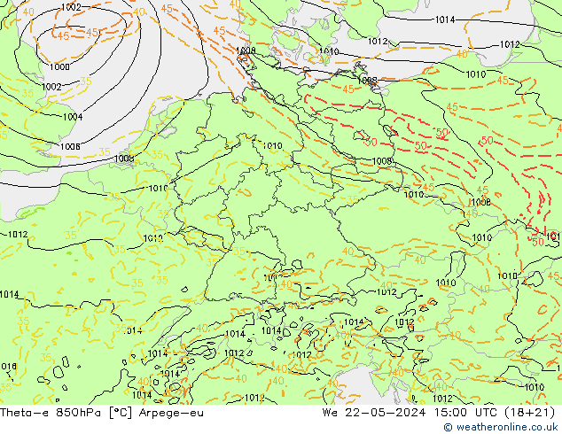 Theta-e 850hPa Arpege-eu St 22.05.2024 15 UTC