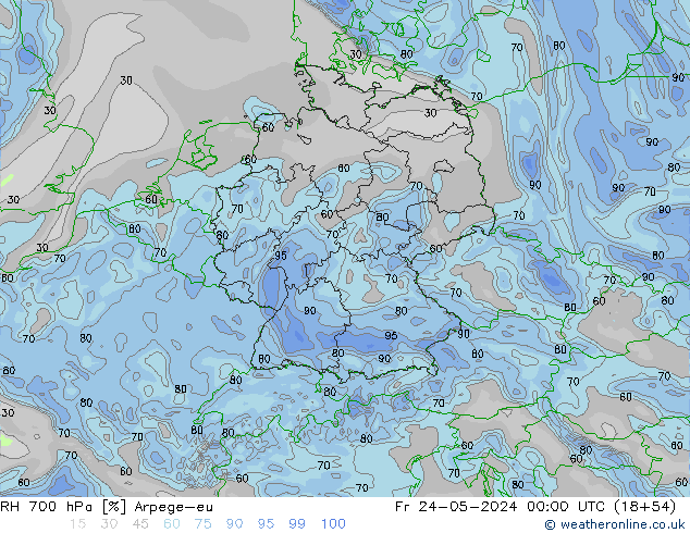 Humidité rel. 700 hPa Arpege-eu ven 24.05.2024 00 UTC