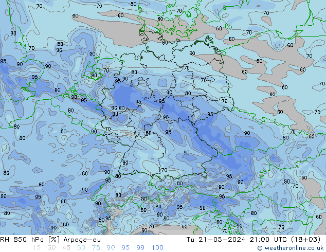 RH 850 hPa Arpege-eu 星期二 21.05.2024 21 UTC