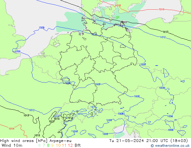 High wind areas Arpege-eu Tu 21.05.2024 21 UTC