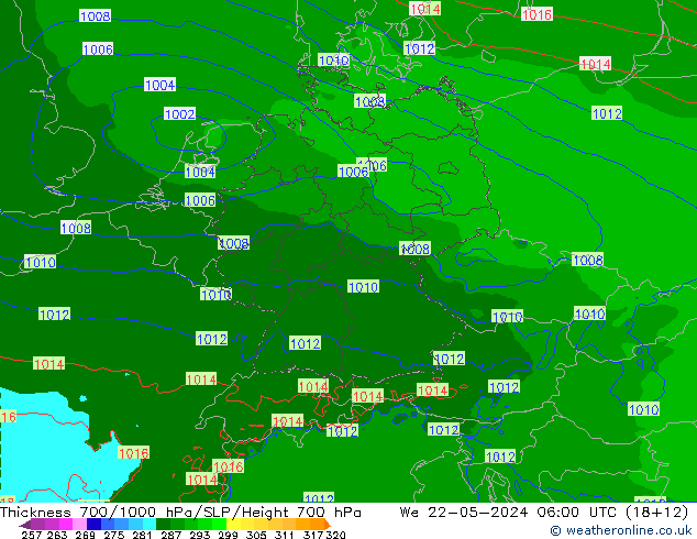 Thck 700-1000 hPa Arpege-eu We 22.05.2024 06 UTC