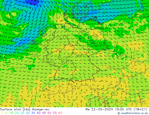 Vento 10 m Arpege-eu mer 22.05.2024 15 UTC