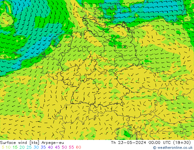 Surface wind Arpege-eu Th 23.05.2024 00 UTC