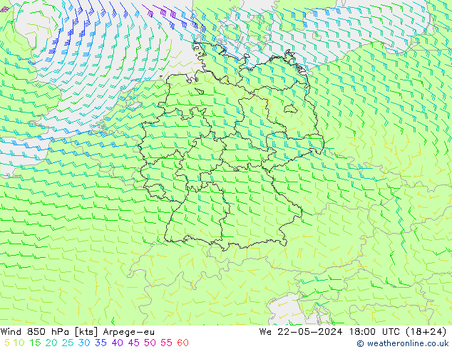 Vento 850 hPa Arpege-eu Qua 22.05.2024 18 UTC