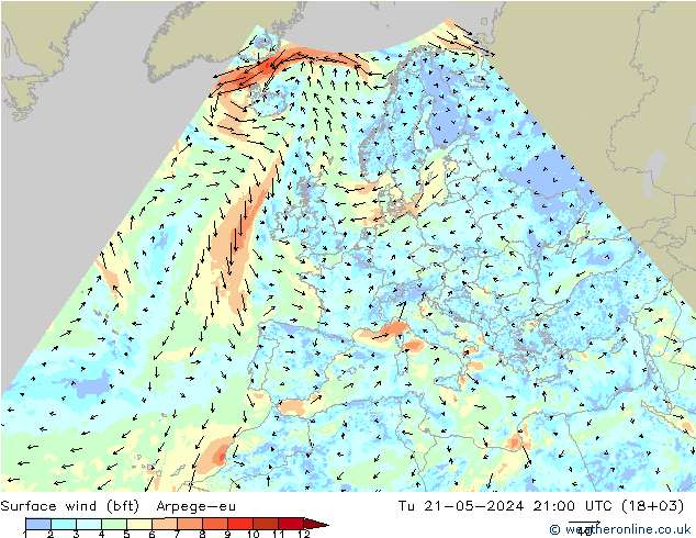 Wind 10 m (bft) Arpege-eu di 21.05.2024 21 UTC