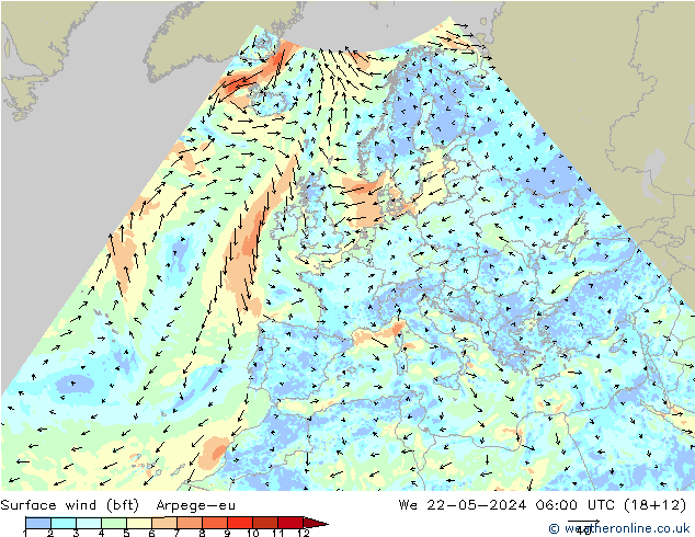 Surface wind (bft) Arpege-eu We 22.05.2024 06 UTC