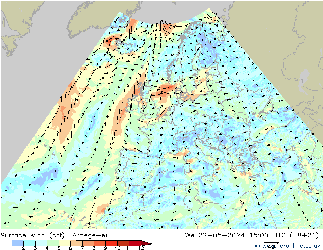 Wind 10 m (bft) Arpege-eu wo 22.05.2024 15 UTC