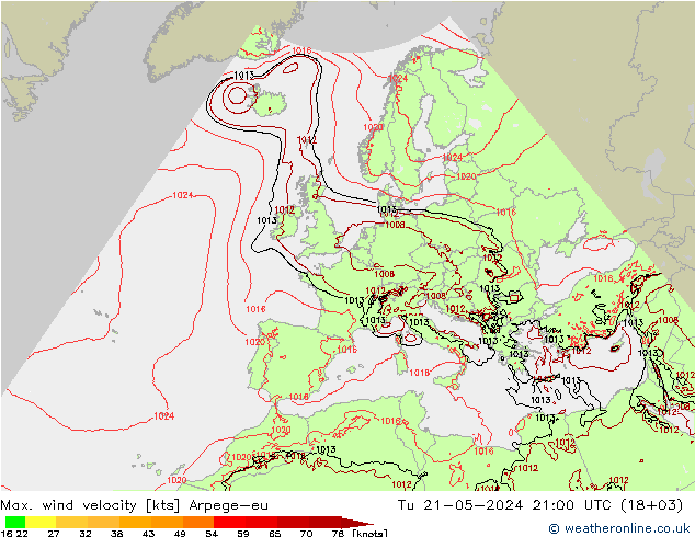 Max. wind velocity Arpege-eu mar 21.05.2024 21 UTC