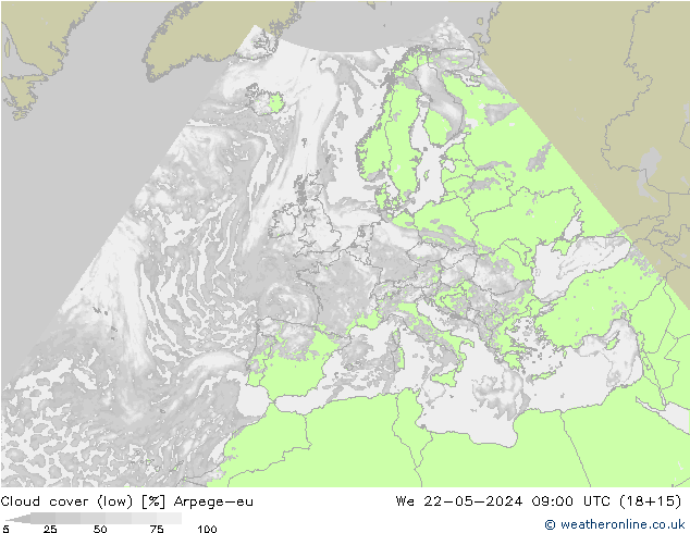 Cloud cover (low) Arpege-eu We 22.05.2024 09 UTC