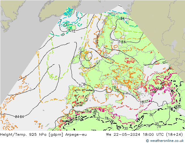 Height/Temp. 925 hPa Arpege-eu śro. 22.05.2024 18 UTC