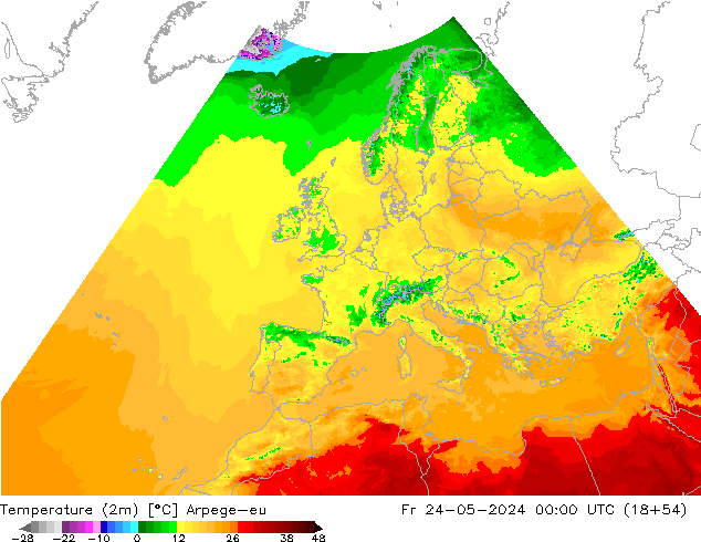 Temperatura (2m) Arpege-eu vie 24.05.2024 00 UTC
