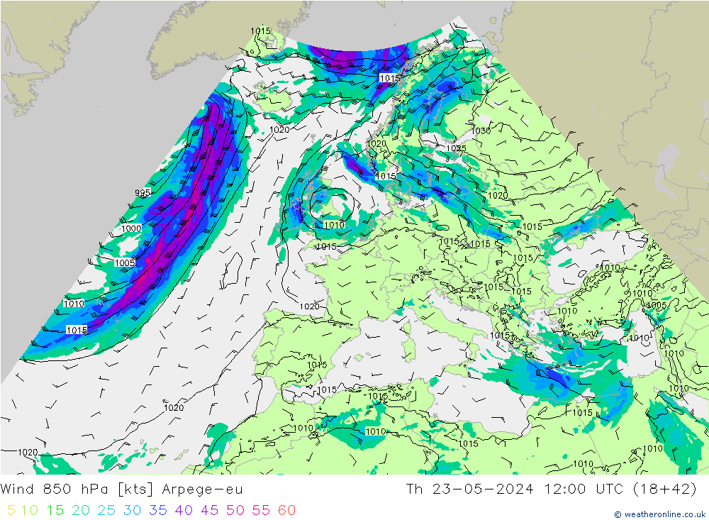 Wind 850 hPa Arpege-eu Th 23.05.2024 12 UTC
