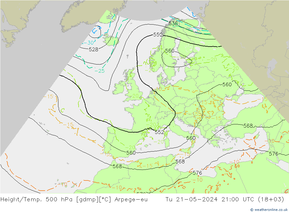 Height/Temp. 500 hPa Arpege-eu Tu 21.05.2024 21 UTC
