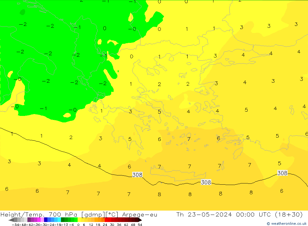 Hoogte/Temp. 700 hPa Arpege-eu do 23.05.2024 00 UTC