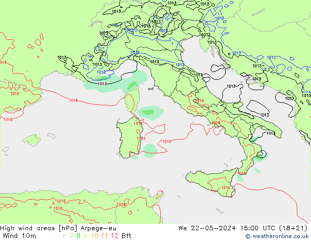 High wind areas Arpege-eu Qua 22.05.2024 15 UTC