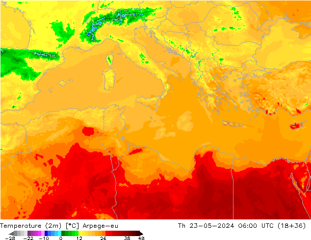 Temperature (2m) Arpege-eu Th 23.05.2024 06 UTC