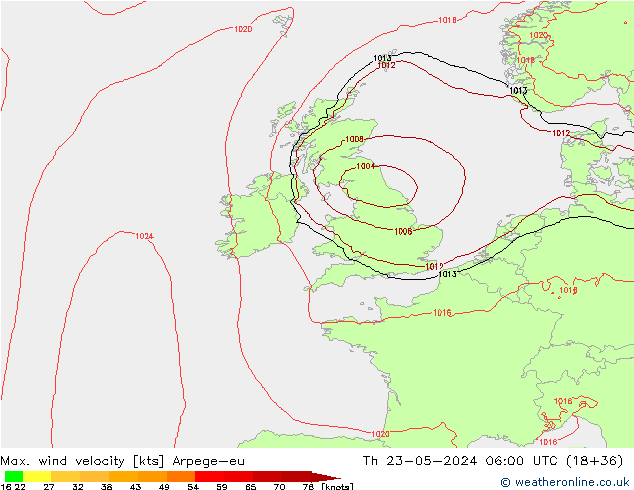Max. wind snelheid Arpege-eu do 23.05.2024 06 UTC