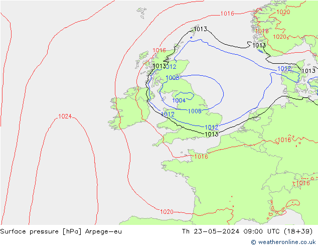 Atmosférický tlak Arpege-eu Čt 23.05.2024 09 UTC