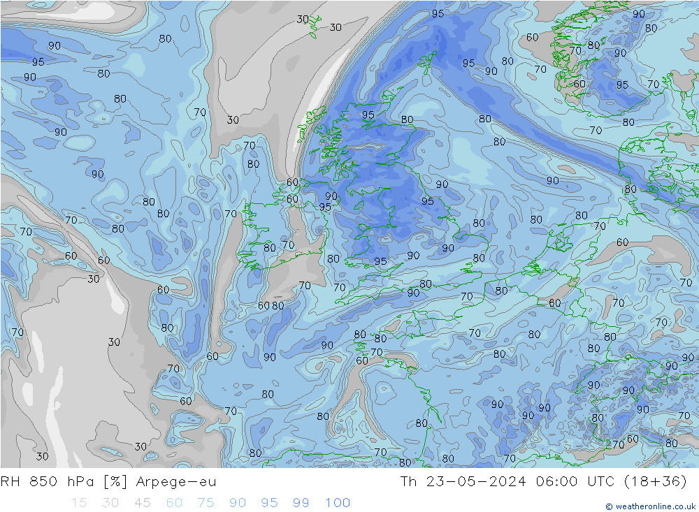 Humidité rel. 850 hPa Arpege-eu jeu 23.05.2024 06 UTC