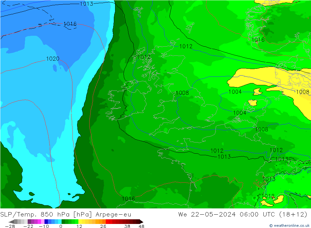 SLP/Temp. 850 hPa Arpege-eu mié 22.05.2024 06 UTC