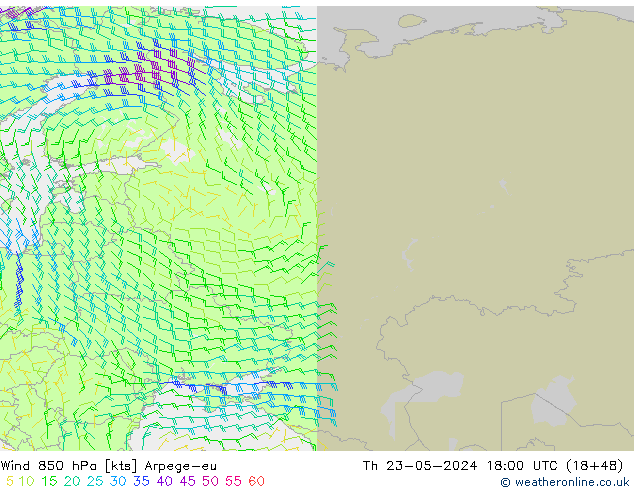 ветер 850 гПа Arpege-eu чт 23.05.2024 18 UTC